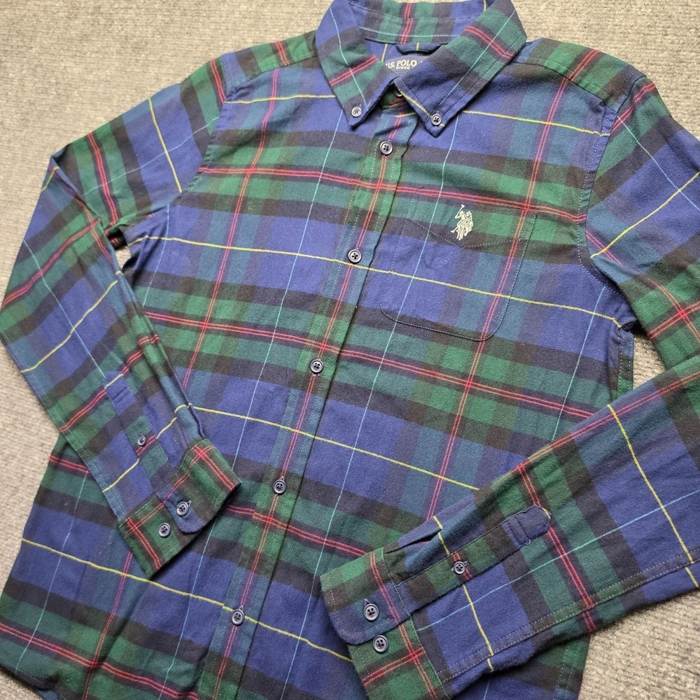 US Polo Assn Boys XXL 18 Blue Green Plaid Button Down Shirt Long Sleeve Stretch